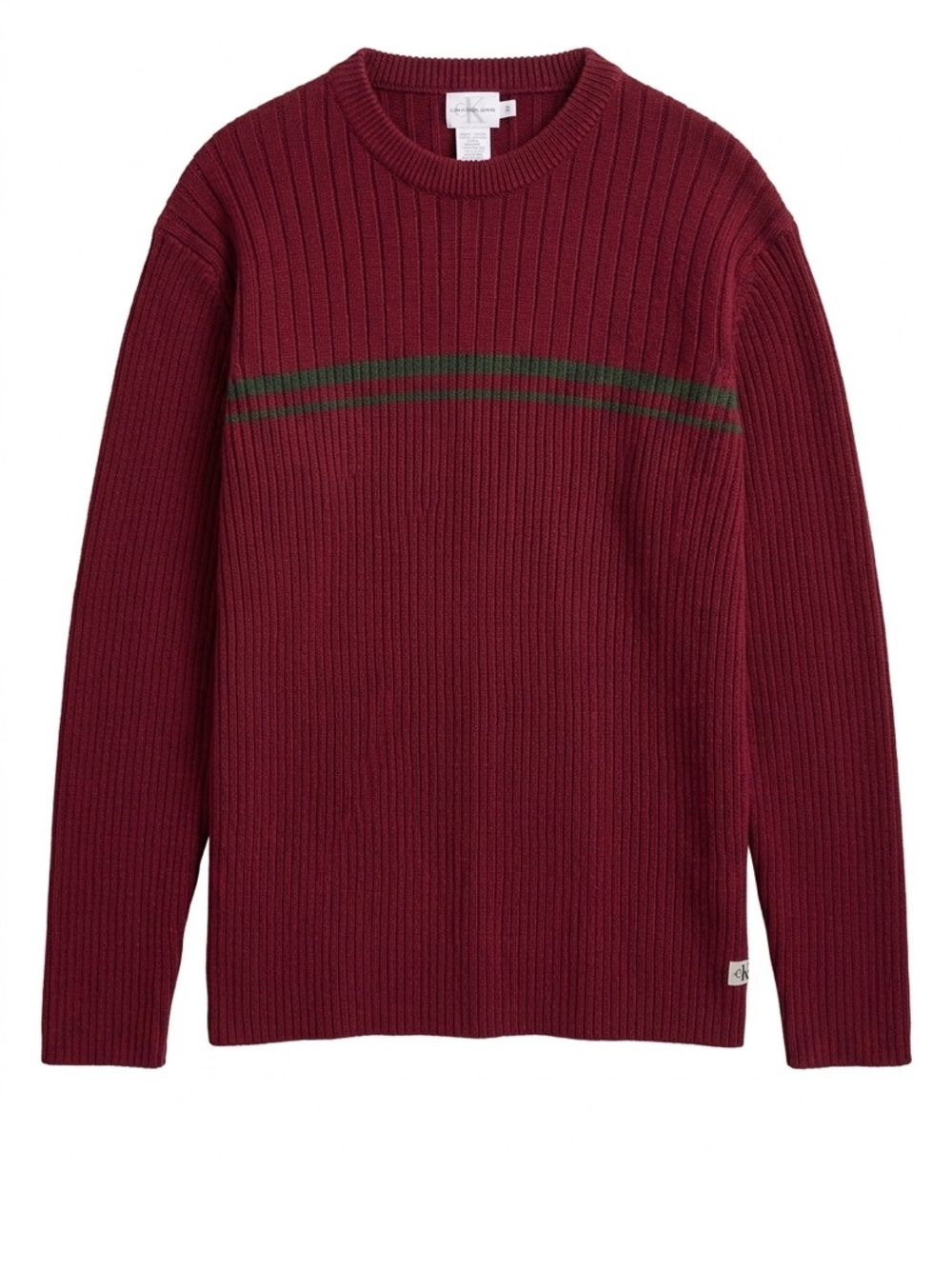 Calvin Klein Men's Ribbed Crewneck Sweater in Wine with Green Chest Stripe